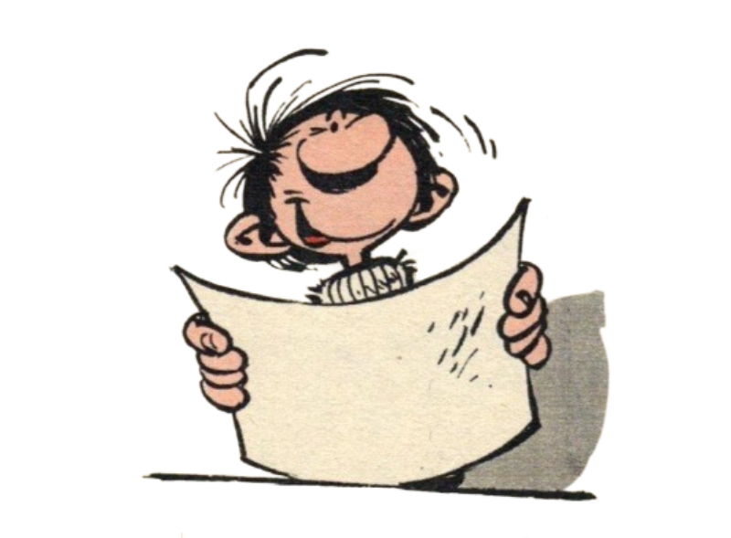 An illustration by André Franquin of Gaston holding a blank piece of paper.