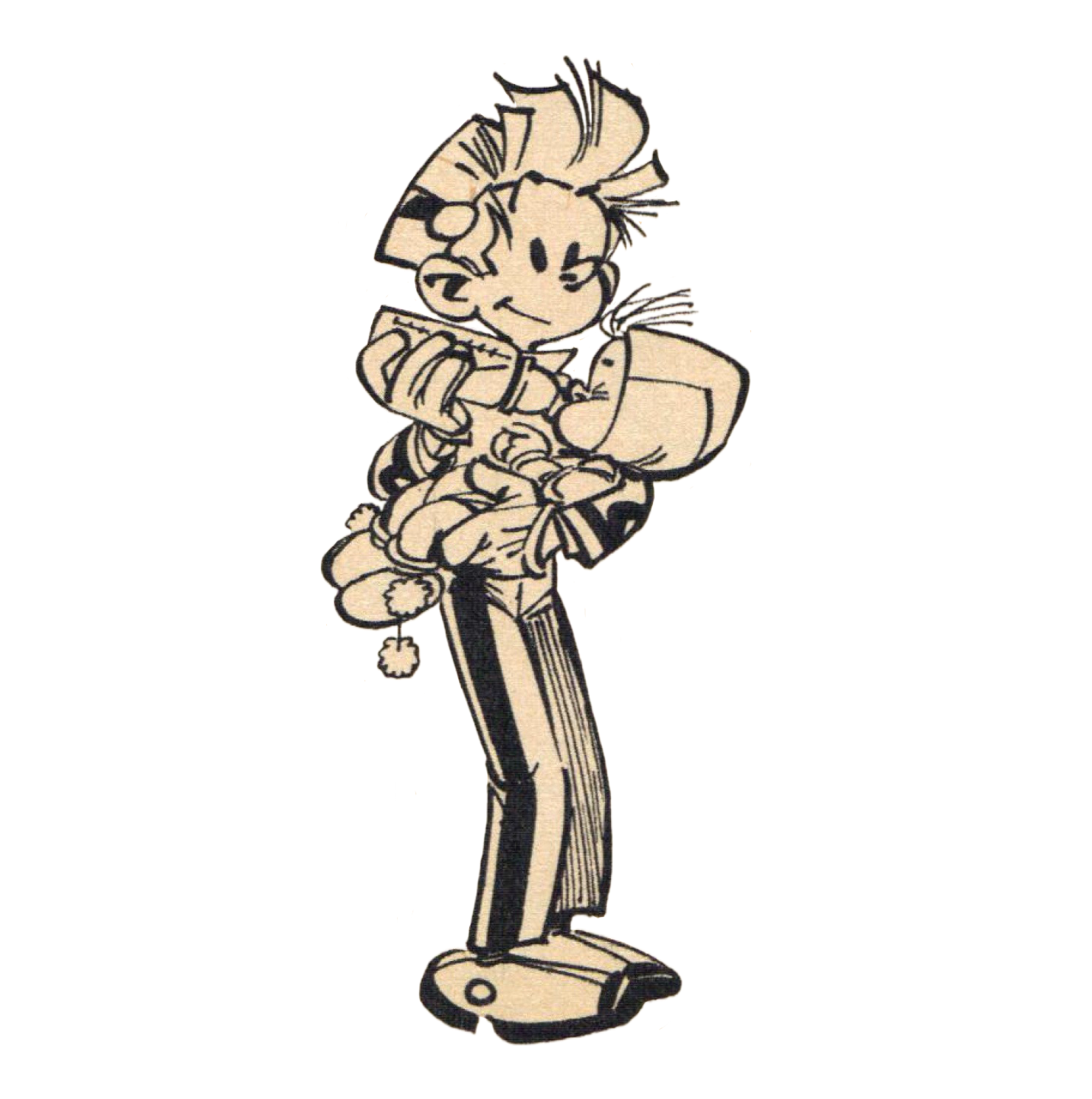 Spirou feeding a baby. Illustration by André Franquin.